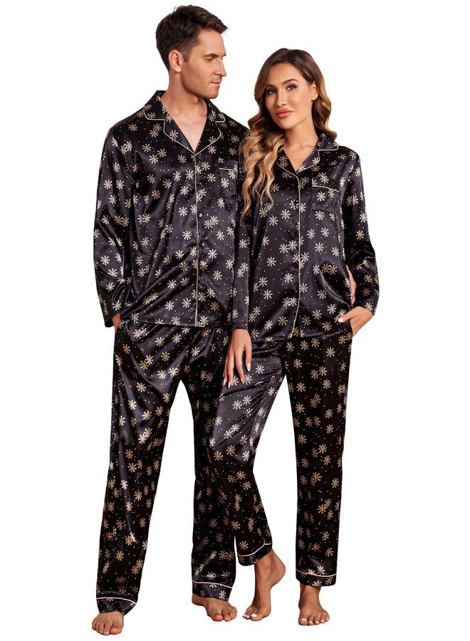 Ekouaer Couples Matching Pajamas Silk Long Sleeve Sleepwear Satin Soft Button Down Loungewear Pjs Set,Black with Snowflakes,XXL - Image 1